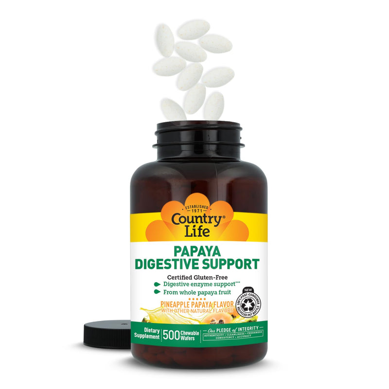 Country Life Papaya Digestive Support with Papain & Protease, 500 Wafers | Pineapple papaya chewables with whole papaya fruit and digestive enzymes; Certified Gluten-Free, Vegan and Kosher Papaya Pineapple 500 Count (Pack of 1)
