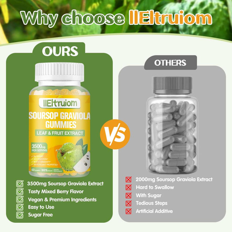 Soursop Gummies for Adults, Organic Soursop Leaves and Fruit Extract with Vitamin C, Zinc, 3500mg Soursop Graviola for Immunity, Digestive Aid & Antioxidant Boost, Sugar/Gluten Free(30 Servings)