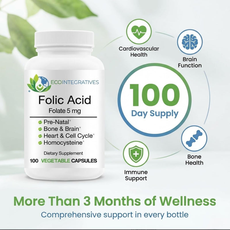 EcoIntegratives Folic Acid Folate 5mg (B9) Prenatal, Reproductive Health, Homocysteine, Metabolism, Cardiovascular, Bone, Immune Support, Allergen Free, Non GMO - 100 Vegan Capsules 1