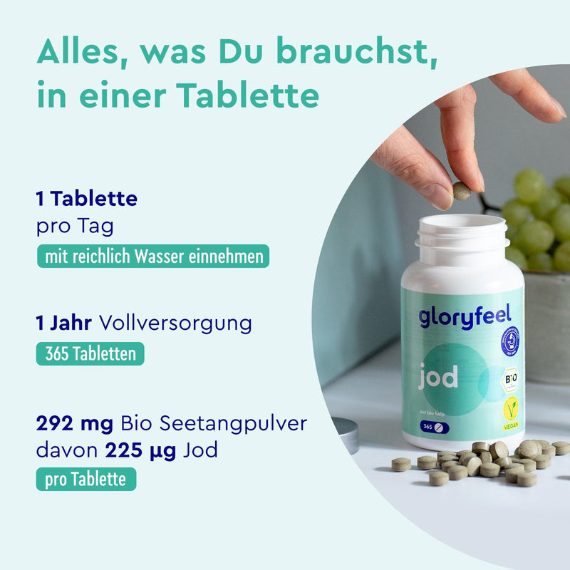 [Australia] - Iodine from organic kelp - 225µg high dose iodine - 365 tablets - Certified organic quality - 100% natural iodine from brown algae - Thyroid function + hormones - Vegan & laboratory tested 