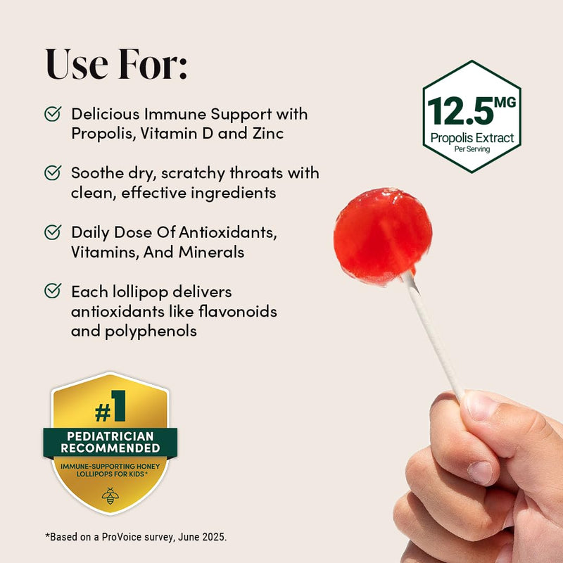 Beekeeper's Naturals Kids Throat Soothing Lollipops, Watermelon, 15 ct | Doctor Formulated Immune Support, Under 2g Sugar, Vitamin D & Honey