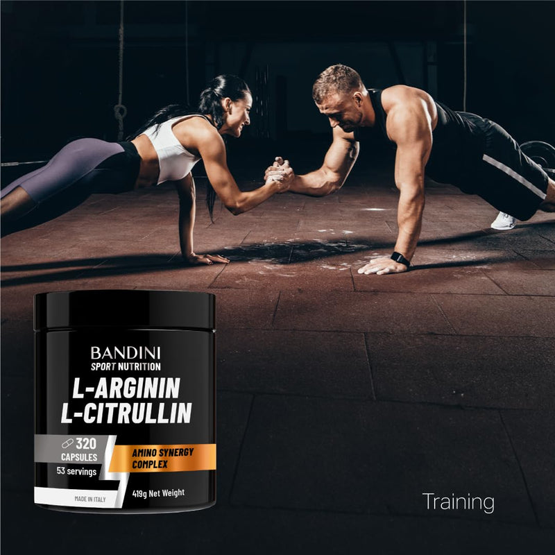 Bandini® L-Arginine + L-Citrulline 320 Capsules (1100 mg per Capsule), Arginine + Citrulline Malate Complex High Strength for Pre-Workout, Gym, Endurance, Muscle Recovery, Semi-Essential Amino Acids
