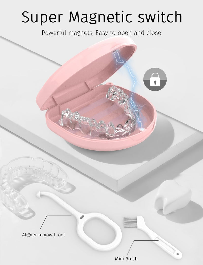 [Australia] - Retainer Case, Compatible with Invisalign, Vivera, Slim Aligner Case with Vent Holes, Portable Orthodontic Container with Removal Tool, Brush and Lanyard, Pink 