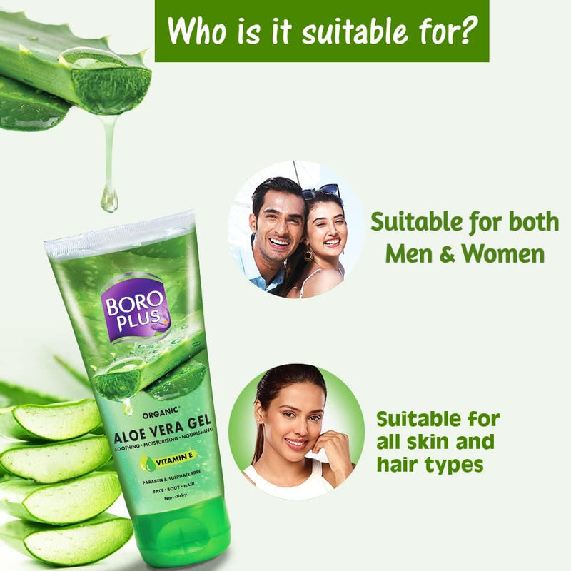 Boroplus Organic Aloe Vera Gel with Vitamin E | Daily Moisturizer for Face, Body & Hair | Soothing & Nourishing Gel for Dry Skin | Hydrating & Non-Sticky | 5.07 Oz (150 ml)