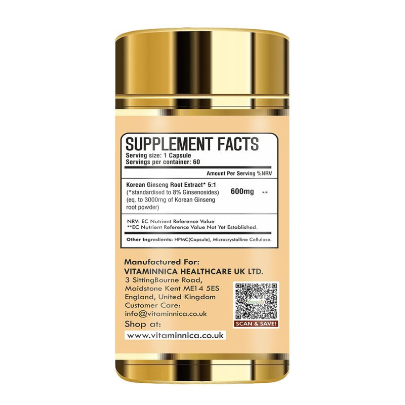 Vitaminnica Korean Ginseng High Strength (Eqv. 3000mg) Energy, Focus, Immune Support & Vitality - Natural Adaptogen for Stress Relief | 60 Veg Capsules