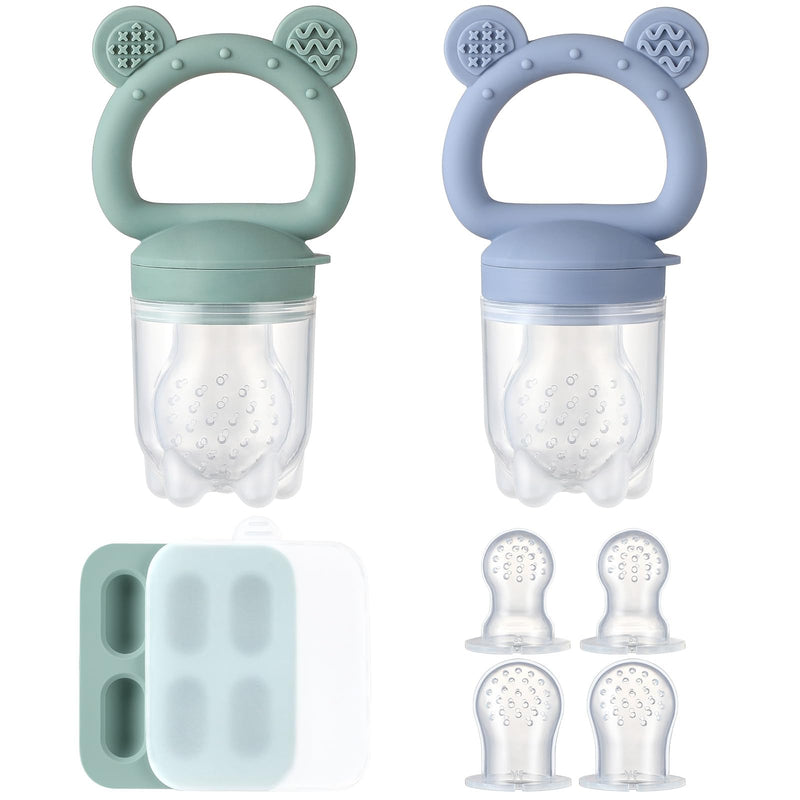 2 Pack Silicone Baby Fruit Feeder with Mini Freezer Tray, Baby Teethers, Breastmilk Popsicle Molds for Baby Teething Relief, Fresh Food Feeder for Safe Infant Self Feeding, Extra Food Pouches