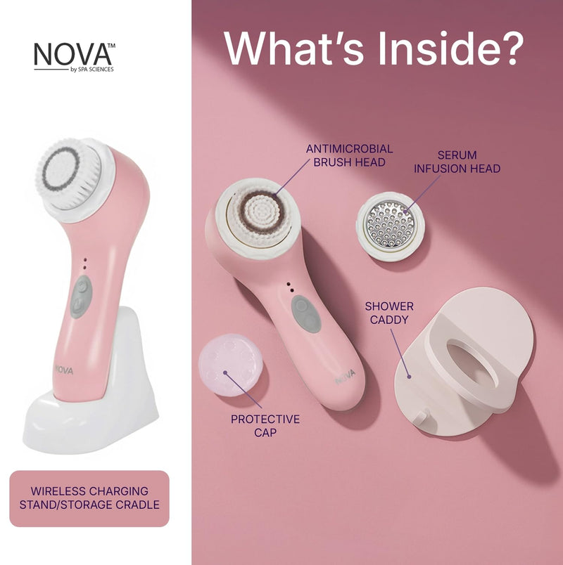 [Australia] - Spa Sciences - NOVA - Sonic Cleansing Brush with Bristles & Infusion System – Anti-Aging Facial Exfoliating, Waterproof, and USB Rechargeable Pink 