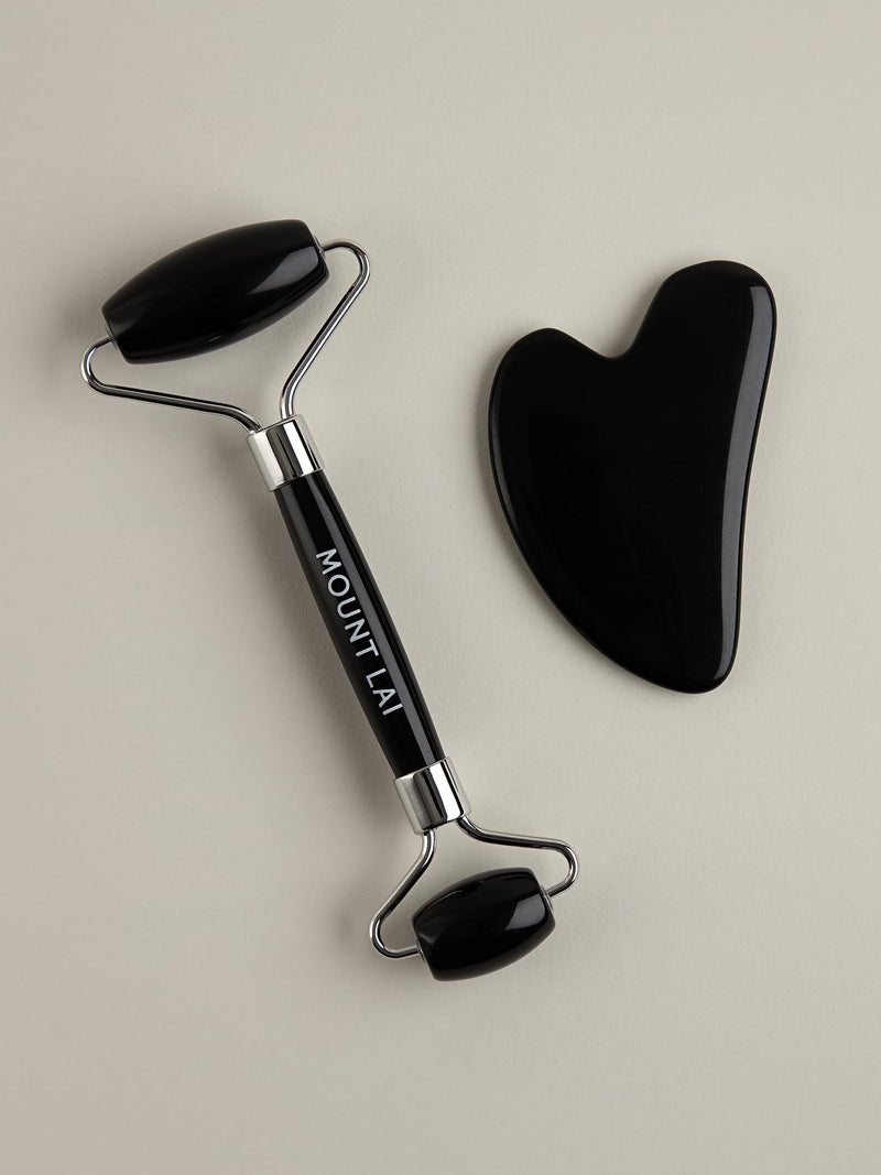 Mount Lai Obsidian Gua Sha Facial Tools, Black Obsidian Gua Sha Facial Tools Set and Roller, Guasha Tool for Face to Relieve Muscle Tension and Reduce Puffiness, Anti Aging Skin Care Sets for Women Gua Sha + Roller