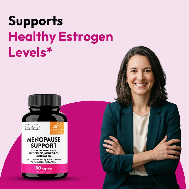 Menopause Support Supplements for Women, Black Cohosh Ashwagandha 60 Count | Vitamins D3, B6, B12, Magnesium, Dong Quai, Chaste Tree Berry, Gluten-Free Capsules, Made In USA Supplement By Sandhu's #1 Menopause Support 60 Count (Pack of 1)
