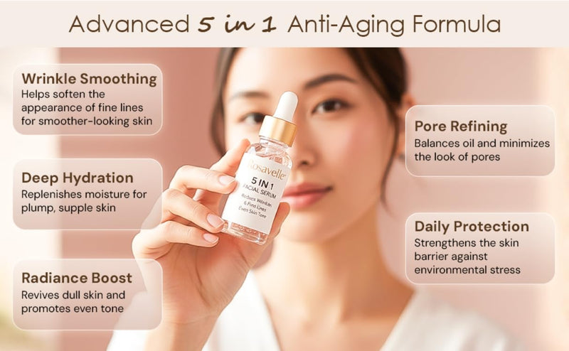 5 in 1 Facial Serum for Glowing Skin | Hyaluronic Acid 10%, Vitamin C 30%, Niacinamide 5%, Vitamin E 10%, Collagen 5% | Anti Aging Serum for Wrinkles, Fine Lines & Even Skin Tone | 30ml