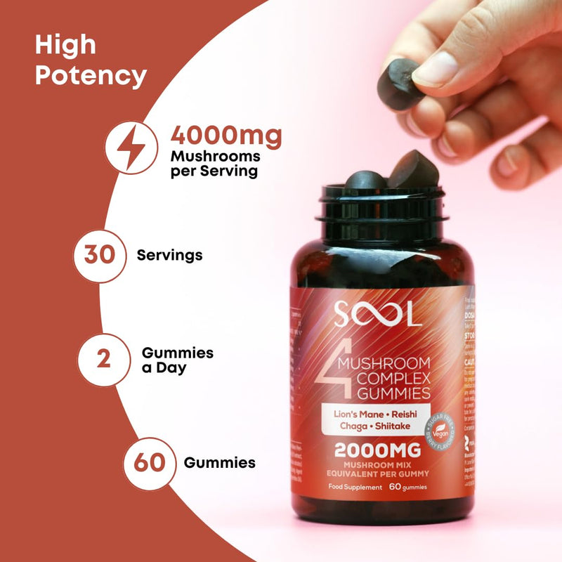 SOOL 4 Mushroom Complex Gummies 2000mg, 60pcs, Berry Flavour: Chaga, Reishi, Shiitake, Lions Mane Supplement | Nootropics Gummies High Strength | Memory & Focus, Energy, Immunity Booster Supplement 60 count (Pack of 1)