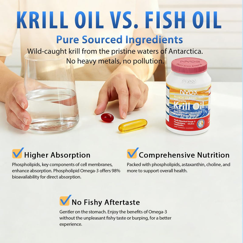 NYO3 Pure Antarctic Krill Oil Omega 3 Supplement Beyond Fish Oil with Choline & Antioxidant Astaxanthin for Heart Brain, GMP, Third Party Tested, No Fishy Burps - 425mg 30 Softgels 30 count (Pack of 1)
