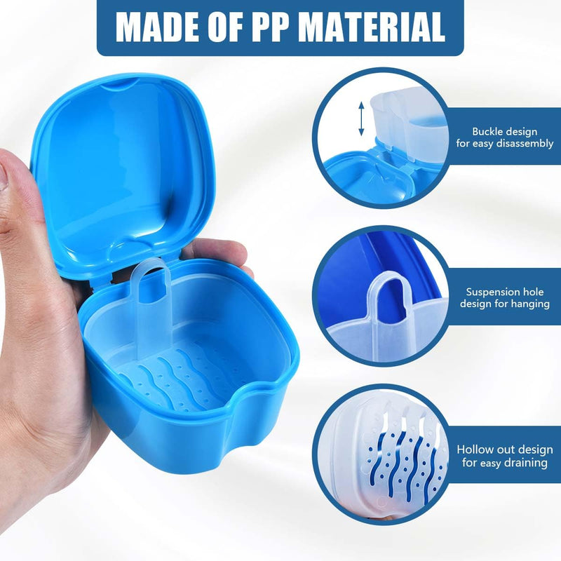 3 Pack Colors Denture Bath Case Cup Box Holder Storage Soak Container with Strainer Basket for Travel Cleaning (White, Blue, Light Blue) White, Blue, Light Blue