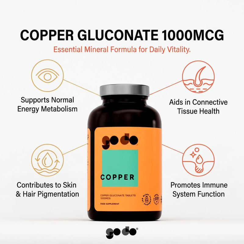Copper 1000mcg - 360 Tablets - Nutritional Supplement - Vegans & Vegetarians - Healthy Lifestyle - Copper Supplement - Bioavailable - Essential Mineral Formula - Refillable Eco Jar - Godo 360 count (Pack of 1)