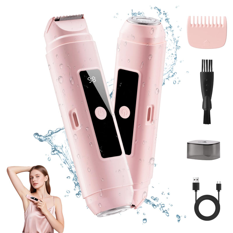 [Australia] - Bikini Trimmer for Women: 2-in-1 Electric Shaver with Digital Display,IPX7 Waterproof & Easy Cleaning& Travel Lock - Dual Head Trimmer for Underarms, Legs, Face (Pink) 