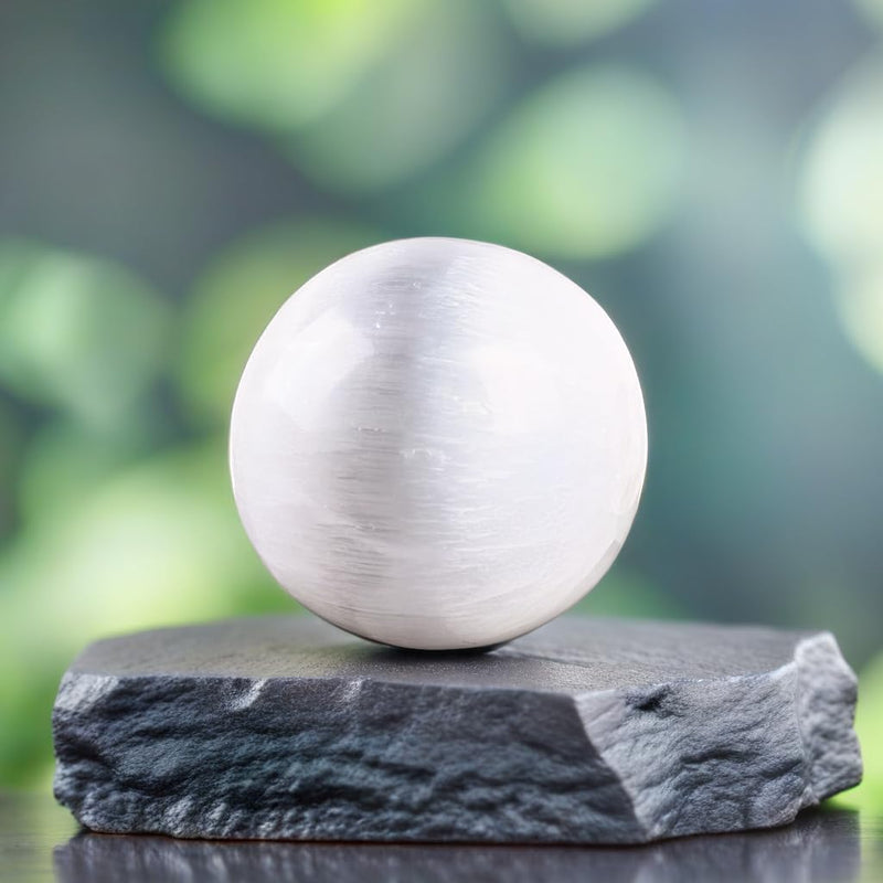 Wish Well Large Selenite Crystal Sphere with Natural Wooden Stand | 3.14" Selenite Crystal Sphere with 4" Wooden Stand for Cleansing, Energy Healing, Protection, Spiritual Decor, and Gifts