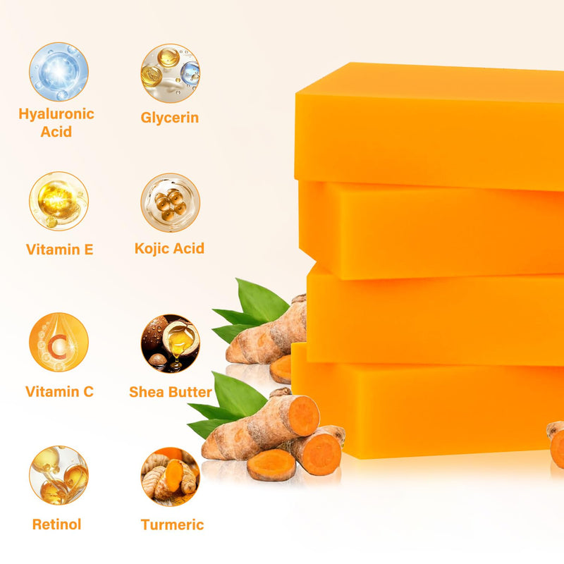 Kojic Acid Soap, Turmeric Soap Bar for Dark Spots remover for face and body with Collagen, Vitamin E, Retinol, Hyaluronic Acid, Shea Butter,Original Japanese Complex, 2 Bars With Face Scrubber 2Pack*100g