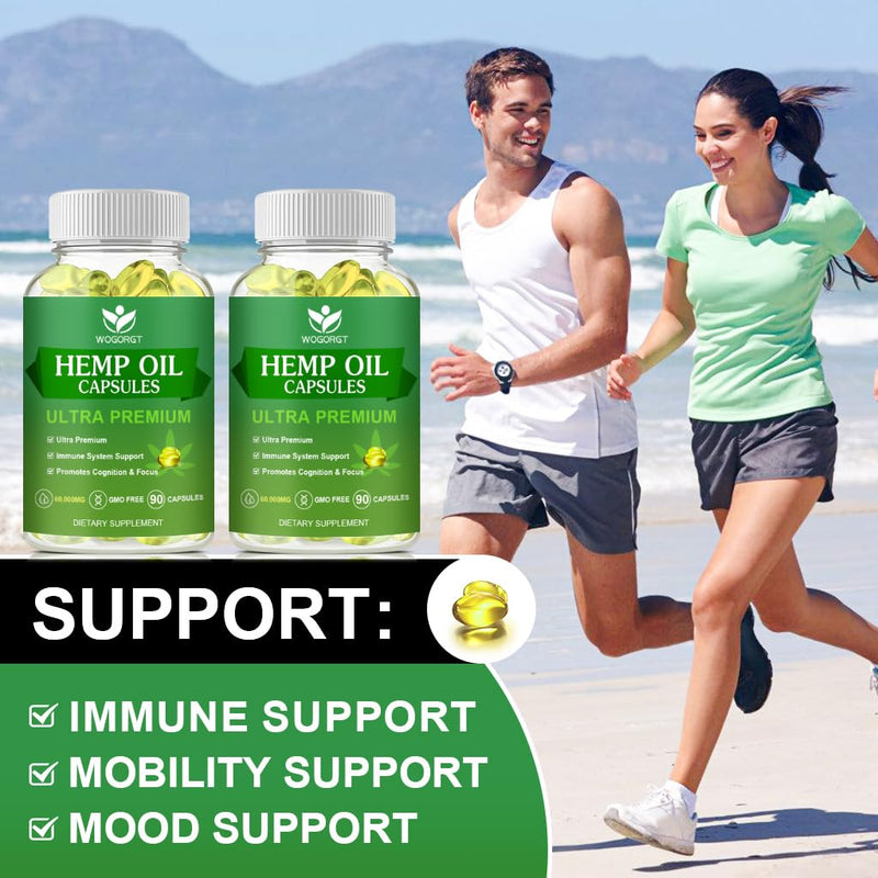 Hemp Oil Capsules, 60,000 Maximum Strength, Immune Support, 90Ct (2Pack) | WOGORGT - Pure Hemp Oil Capsules, Focus Calm, Relaxation, Mood, Rich in Omega 3, 6, 9 Fatty Acids