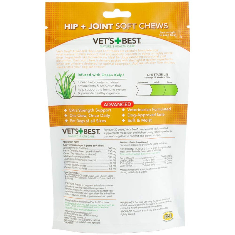Vet's Best Hip & Joint Soft Chew Dog Supplements | Formulated with Glucosamine and Chondroitin to Support Dog Joint and Cartilage Health | 30 Day Supply Advanced Formula - PawsPlanet Australia