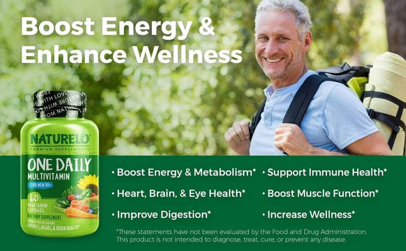 Men’s 50+ Multivitamin Easy One a Day | 60 Vegan Capsules (2 Month Supply) | 29 Essential Vitamins, Minerals & Fruit & Veg Extracts, for Men’s Health and Vitality | NATURELO 60 count (Pack of 1)