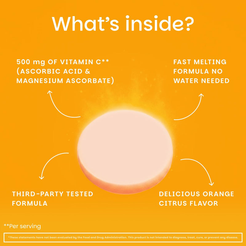 EZ Melts Vitamin C - Daily Vitamin for Antioxidant & Immune Support - No Artificial Flavors - Non-GMO & Sugar-Free - Orange Citrus - 60 Dissolvable Tablets (30 Servings) 60 Count (Pack of 1)