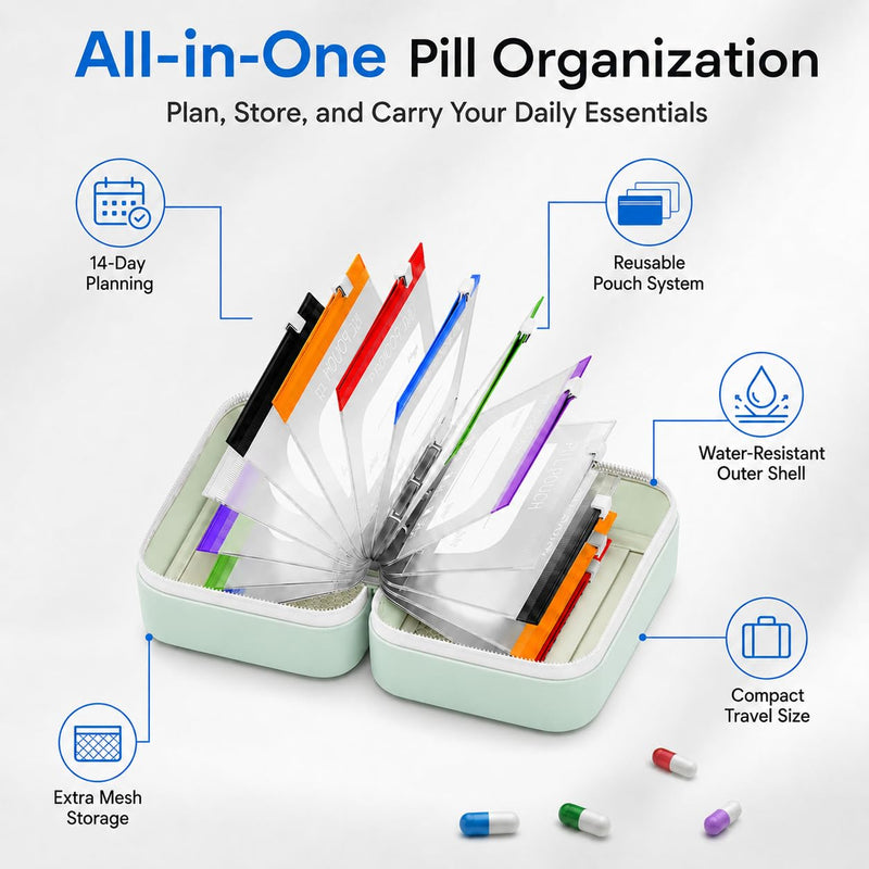 Travel Pill Organizer A8 Waterproof Pill Pouches with Binder 14 PCS L Size Clear Zipper Medicine Storage Bags with Labels Reusable Pill Holder Case for Vitamins Daily Use and Trips Pink*purple