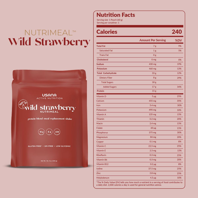[Australia] - USANA Nutrimeal Meal Replacement Shake - Wild Strawberry - NON-GMO - Gluten Free - Low Glycemic - 540 Grams - 9 Servings 