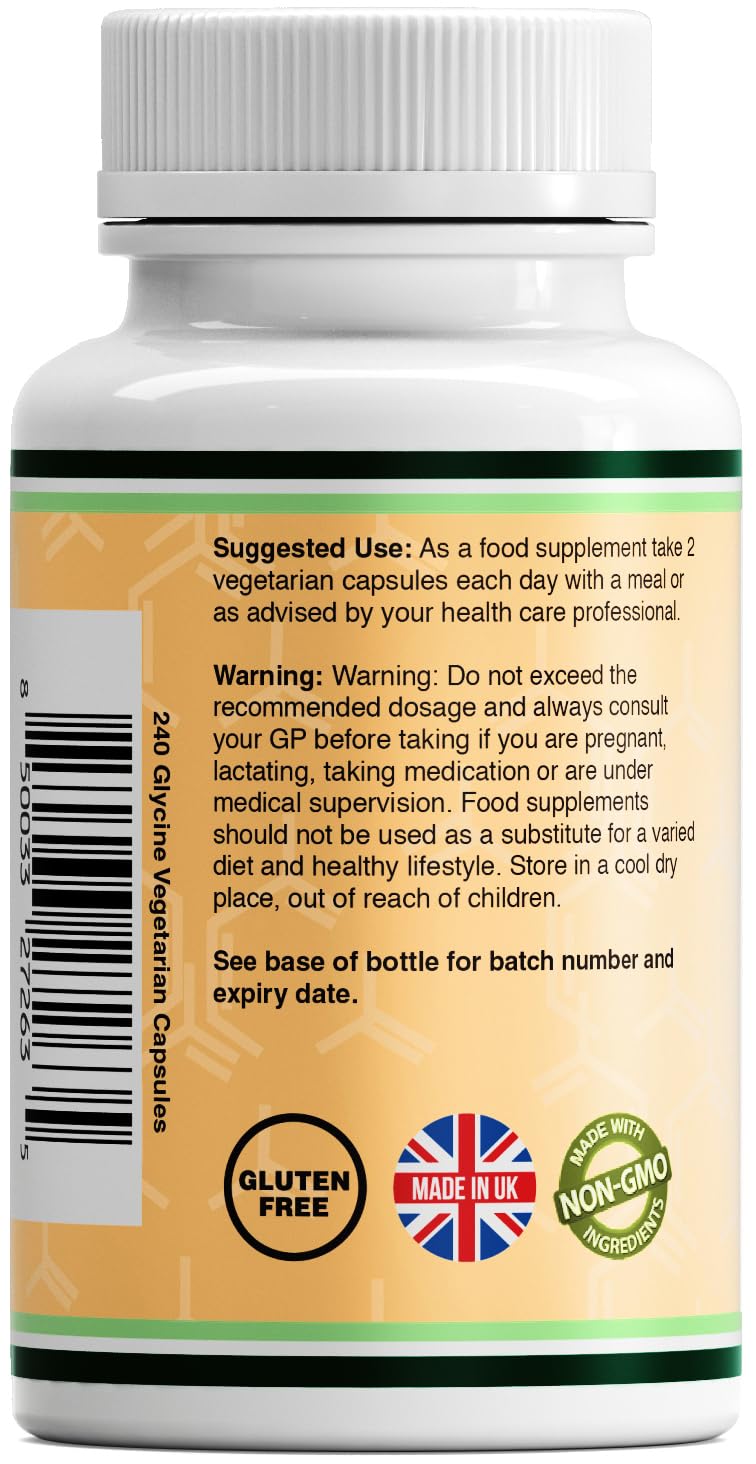 Double Wood Glycine Supplement | 240 High Strength Glycine Capsules - 1000mg per Serving | Amino Acid Supplement | Non-GMO & Gluten | Manufactured in The UK 240 count (Pack of 1)