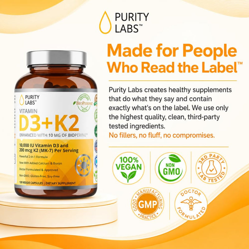 Purity Labs Vitamin D3 K2 10000 IU, (250mcg) D3 + 200mcg K2 MK7 - Immune Support Supplement Enhanced with Bioperine - Supplements for Daily Defense, Bone, Muscle & Skin Health - 120 Capsules
