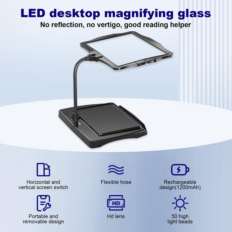 [Australia] - 10X Square Magnifying Glass with Light and Stand, Real Glass LED Illuminated Magnifying Glass, 5 Color Modes Continuously Dimmable, Hands-Free Mag Desk Lamp with Clamp for Reading Craft Hobby Closing Work, Black 8079-2 