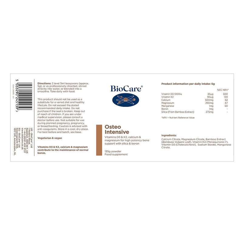 BioCare Osteo Intensive - Bone & Muscle Support Powder with Calcium, Magnesium, Vitamins D3 & K2, Manganese - 135g
