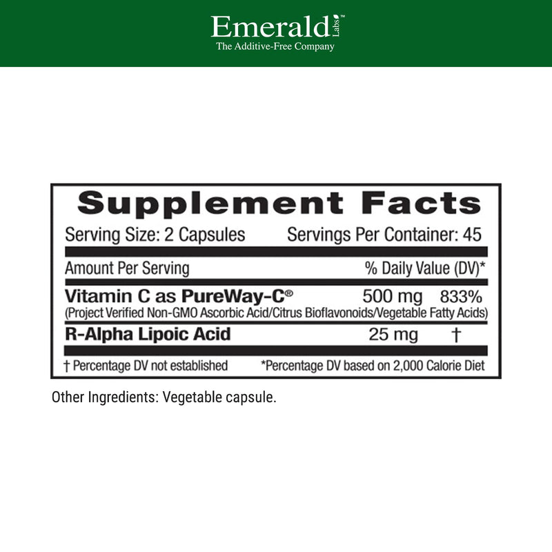 EMERALD LABS PureWay-C - Liver & Immune Support Supplement with R-Alpha Lipoic Acid* - Fast-Absorbing Vitamin C - 90 Vegetable Capsules (45-Day Supply)