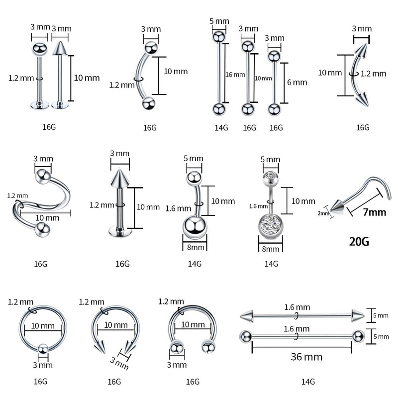 [Australia] - 153Pcs Piercing Kit for all Body Piercings with Piercing Jewelry and Tools for Nose Septum Belly Button Lip Ear Tongue Cartilage Eyebrow and More with 12G 14G 16G and 20G Piercing Needles Silver 