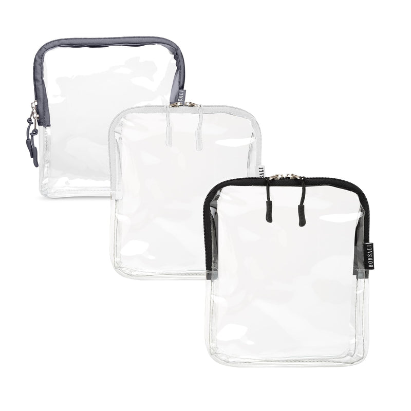 3-pack TSA-Approved Clear Toiletry Bag in Black, White, and Gray with Women’s Crossbody Bag/Double Eyeglass Case in Brown