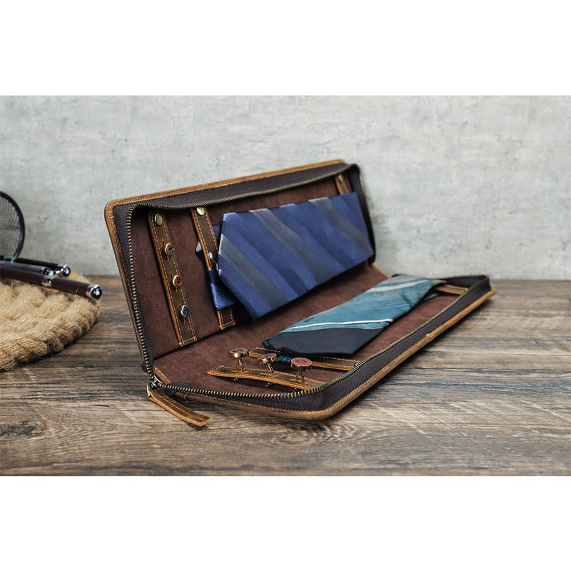 CONTACTS Ties Travel Case Leather Neckties Storage Box Formal Dress Accessories Anti Wrinkle Organizer for 2 Ties with Cufflinks Holder
