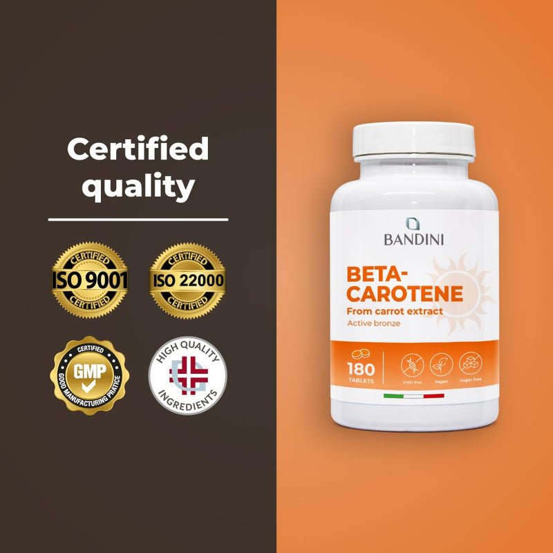Bandini® Beta Carotene 180 Tablets | Beta-Carotene Supplement Rich in Vitamin A for an Intense tan and Radiant Skin | Carotenoid Tanning Tablets for Men & Women | Enhancing Natural Skin Tone | Vegan