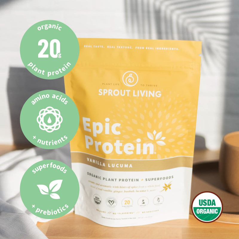 [Australia] - Sprout Living Epic Protein, Plant Based Protein & Superfoods Powder, Vanilla Lucuma Powder | 20 Grams Organic Protein Powder, Vegan, Non Dairy, Non-GMO, Gluten Free, Low Sugar (1 Pound, 12 Servings) 1 Pound (Pack of 1) 