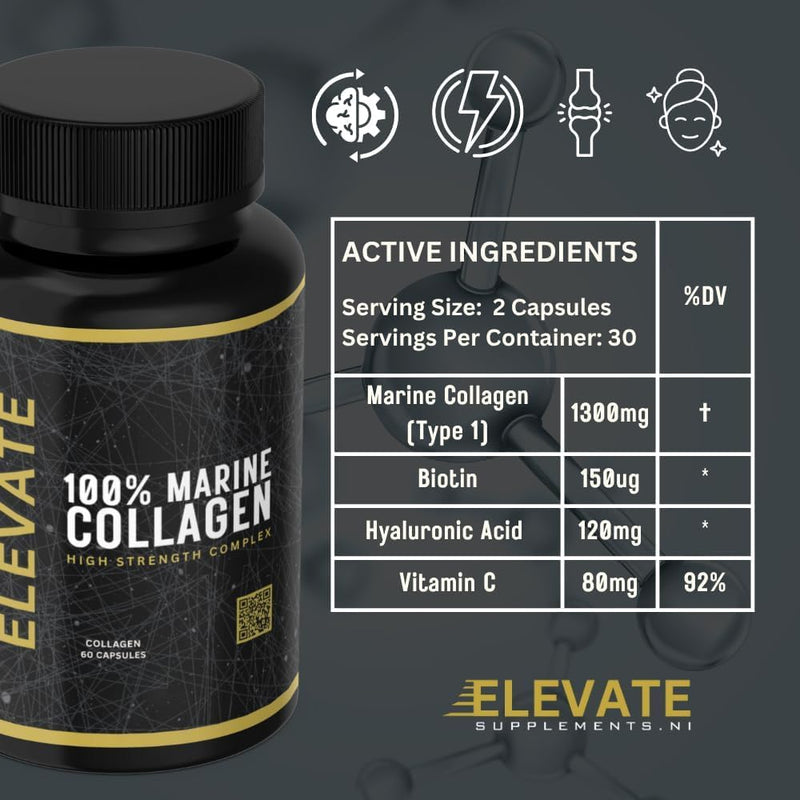 Elevate Supplements 100% Marine Collagen (Type 1), 60 Capsules | Added Hyaluronic Acid, Vitamin C & Biotin for Skin, Hair, Nail, Joint & Nervous System Support | Multi-Benefit Beauty Supplement