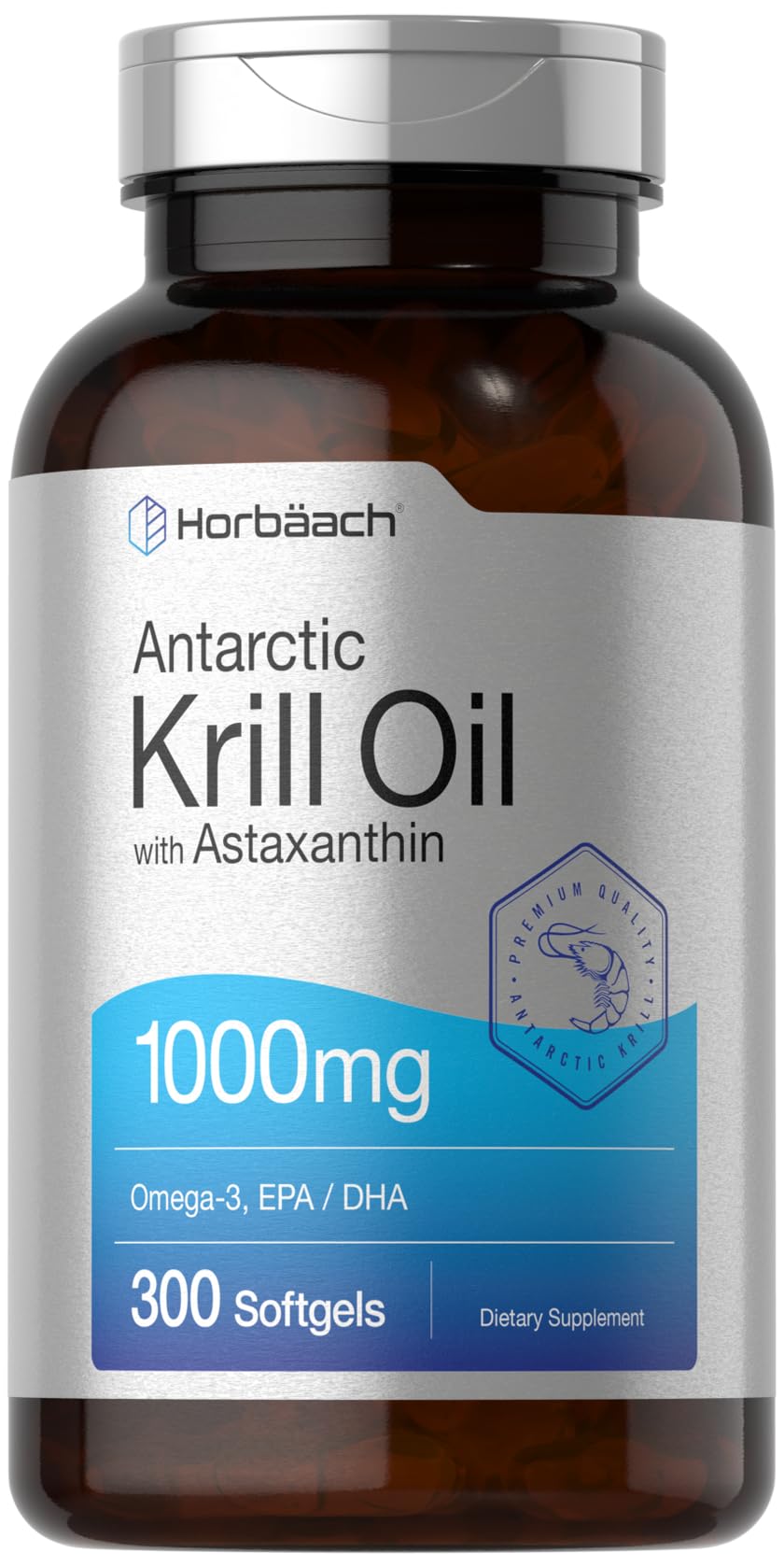 Horbäach Antarctic Krill Oil 1000mg | 300 Softgel Capsules | Omega 3, EPA, DHA Supplement | with Astaxanthin | Value Size | Non-GMO, Gluten Free