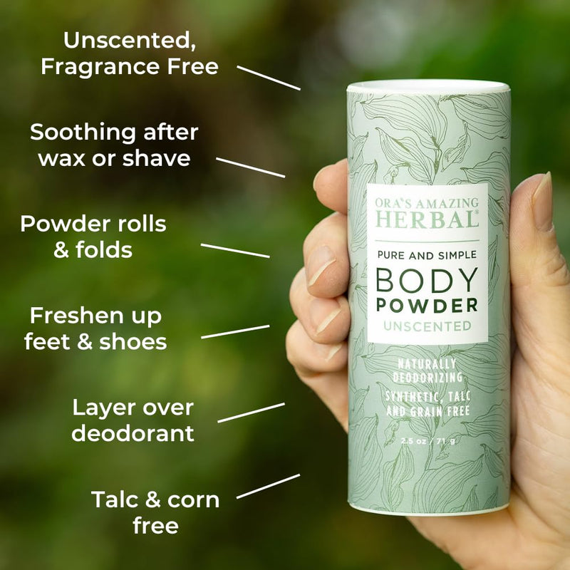 Ora's Amazing Herbal Fragrance Free Body Powder for Women and Men, Unscented Talc Free Talcum Powder, Cornstarch Free Dusting, Waxing, Natural Sugaring, Foot Powder, Dry Shampoo, Made in USA, 2.5 oz