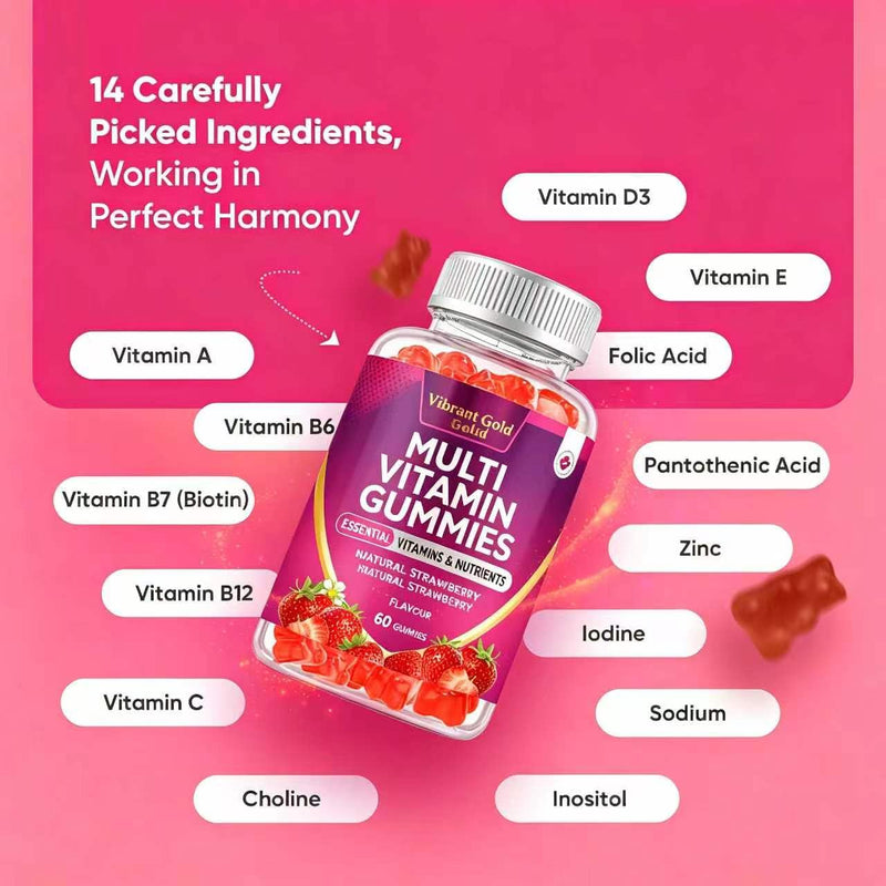 Multivitamin Gummies for Women & Men - 13 Ingredients -60 Gummies - 1 Months Supply - Natural Strawberry Flavour - Vitamins & Minerals Like VIT C, D3, B6, B7, B12 & Zinc -for Adult