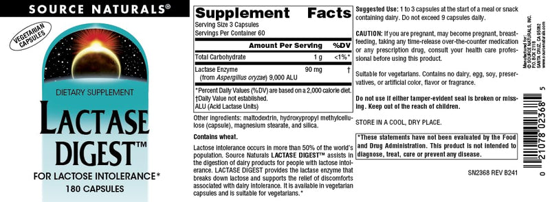 [Australia] - Source Naturals Lactase Digest, for Lactose Intolerance* - 180 Capsules 1 180 Count (Pack of 1) 