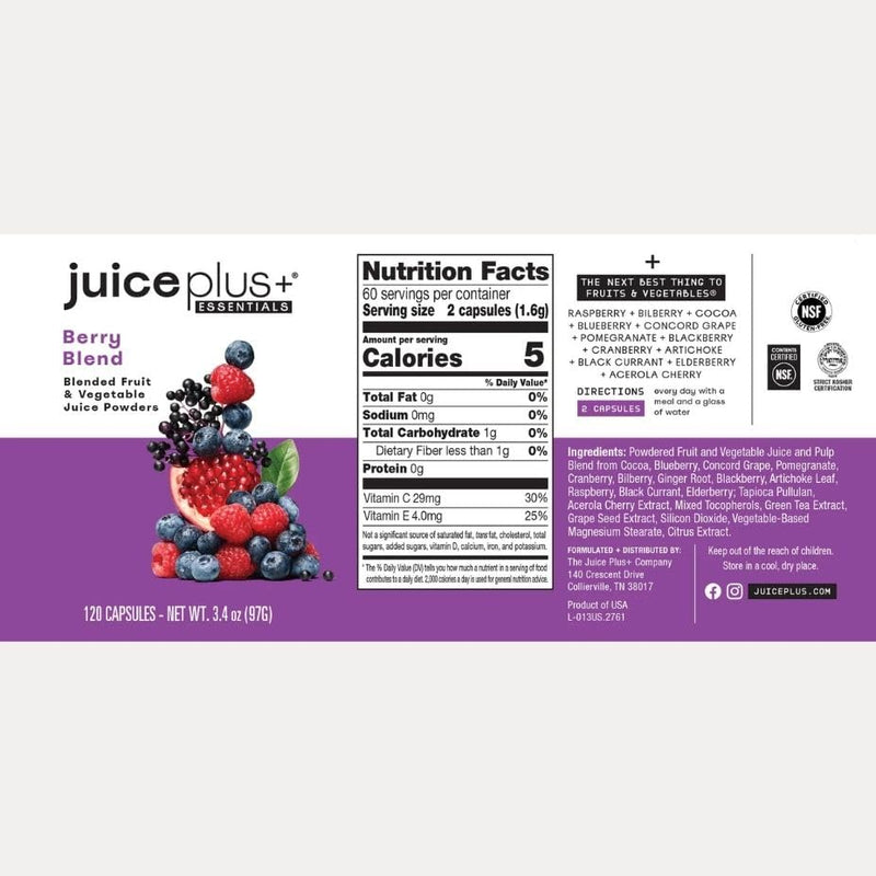 JuicePlus+ Berry Blend - Vegan Whole Food Vitamins - 1 Bottle (60 Servings) | Gluten-Free, Non-GMO & Kosher with Concord Grape, Blueberry & Cranberry; convenient whole-food berry blend