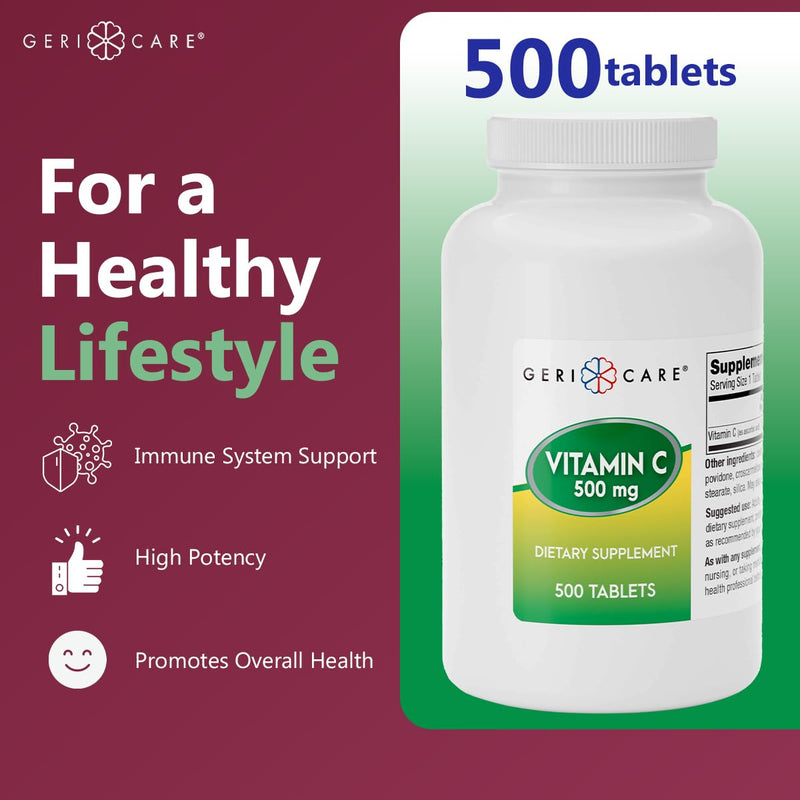 GeriCare Vitamin C 500 mg Antioxidant, Immune System Support, Nutritional Supplement Tablets, 500 Count (Pack of 1) 500 Count (Pack of 1) 500mg