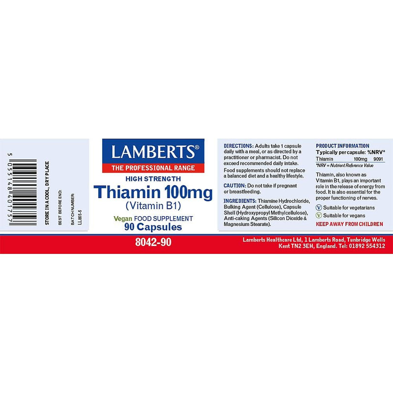Lamberts Thiamin Capsules – High Strength Vitamin B1 100mg – Supports Energy & Nervous System – 90 Capsules