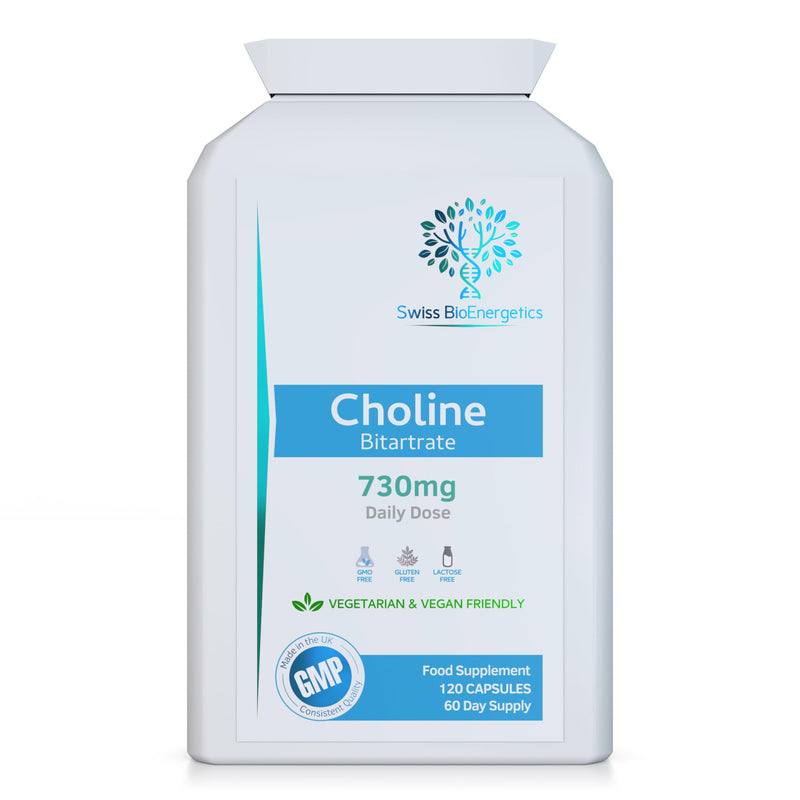 Choline Bitartrate 730mg Daily Dose, 120 Vegan Choline Supplement Capsules - UK Made Support for Healthy Liver Function and Fat Metabolism