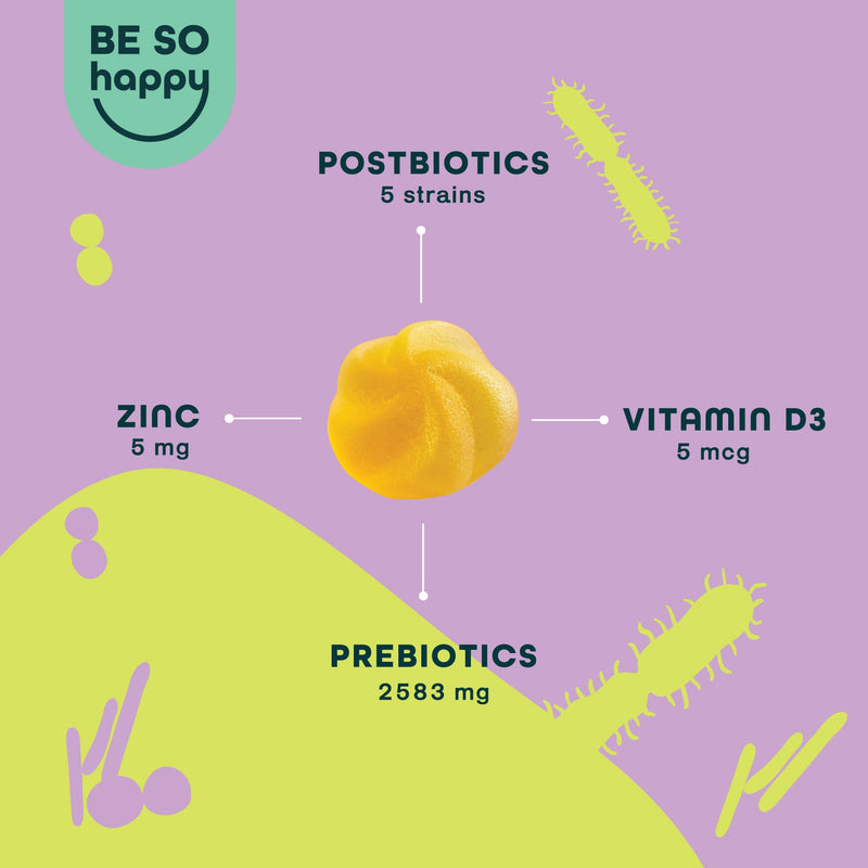 Vegan Prebiotics and Postbiotics, Gummy Bears forGut Health, Immune System & Digestion for Women & Men 60 Days, Complex with Zinc + Vitamin D3, Tropical Fruit Flavor, Gluten Free, Be So Happy®