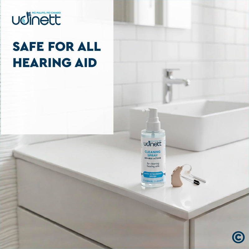Hearing Aid Cleaning Spray with Included Brush 100ml Udinett for Daily Cleaning Earmolds Replacement Domes Earplugs Quick Drying Sanitizer - Eliminates Bacteria and Earwax Dust
