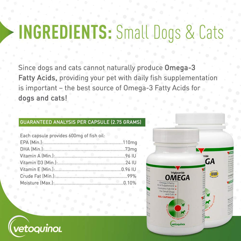 Vetoquinol Triglyceride Omega 3 Supplement for Dogs and Cats, Fish Oil Supplement with EPA and DHA, Promotes Skin, Coat, Joint, and Immune Health, Omega 3 Fish Oil for Dogs and Cats up to 30lbs, 60ct 60 Capsules - PawsPlanet Australia