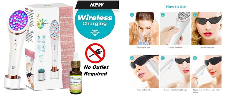 [Australia] - Lyte Wireless Dual Red & Blue LED Light Therapy for Face Includes Hyaluronic Serum Automatic Contact Sensor 2-in-1 Blue and Red LED Light Therapy for Face Wrinkle Reduction Device 